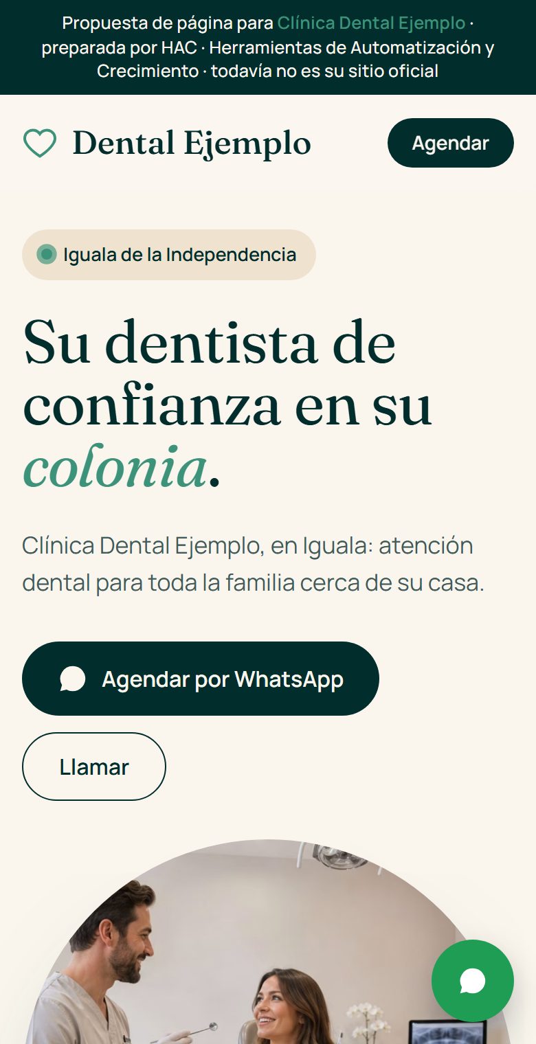Página de muestra para una clínica dental (caso ilustrativo)